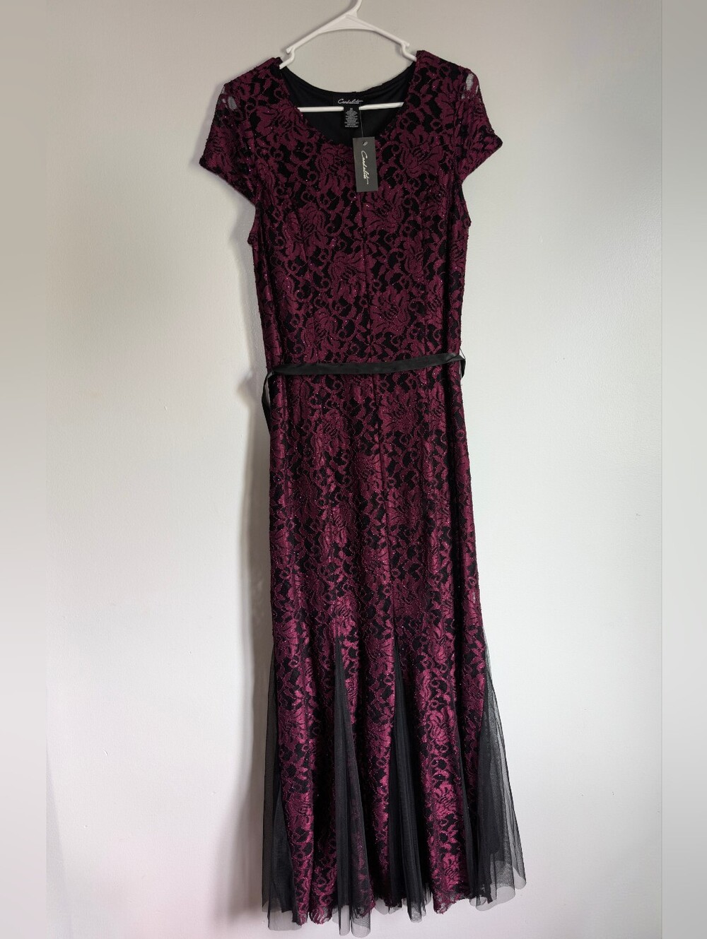 Burgundy Lace Maxi Dress with Belt